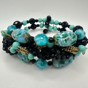1950s vintage black Czech turquoise art glass gold tone beaded cuff bracelet
